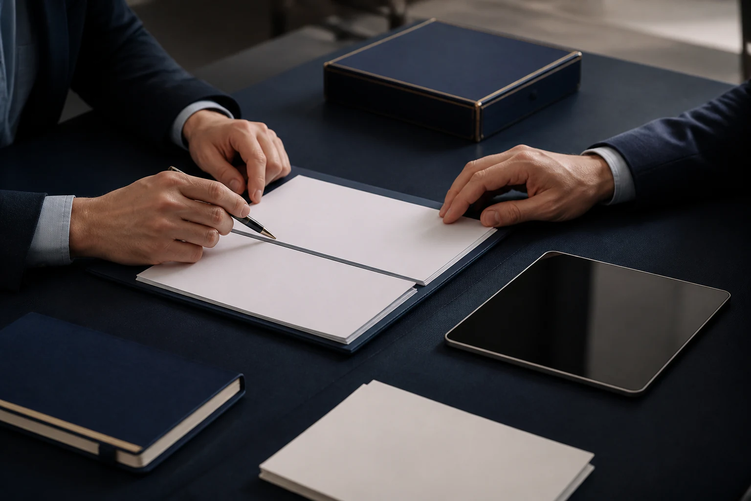 Illustrative advisory scene with hands reviewing structured business documents.
